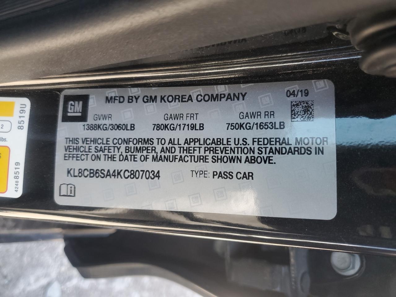 2019 Chevrolet Spark Ls VIN: KL8CB6SA4KC807034 Lot: 82459375