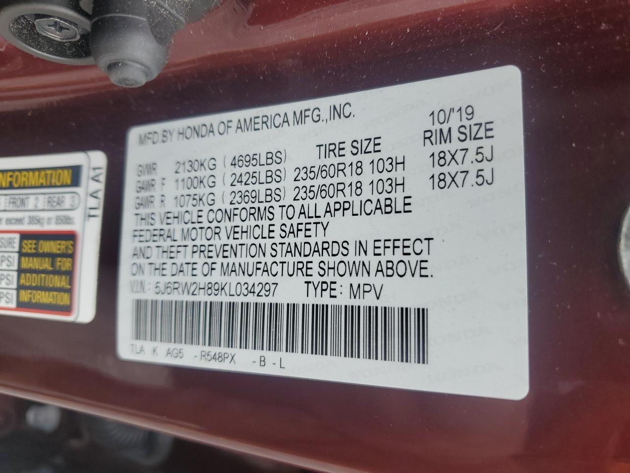 2019 Honda Cr-V Exl VIN: 5J6RW2H89KL034297 Lot: 82309025