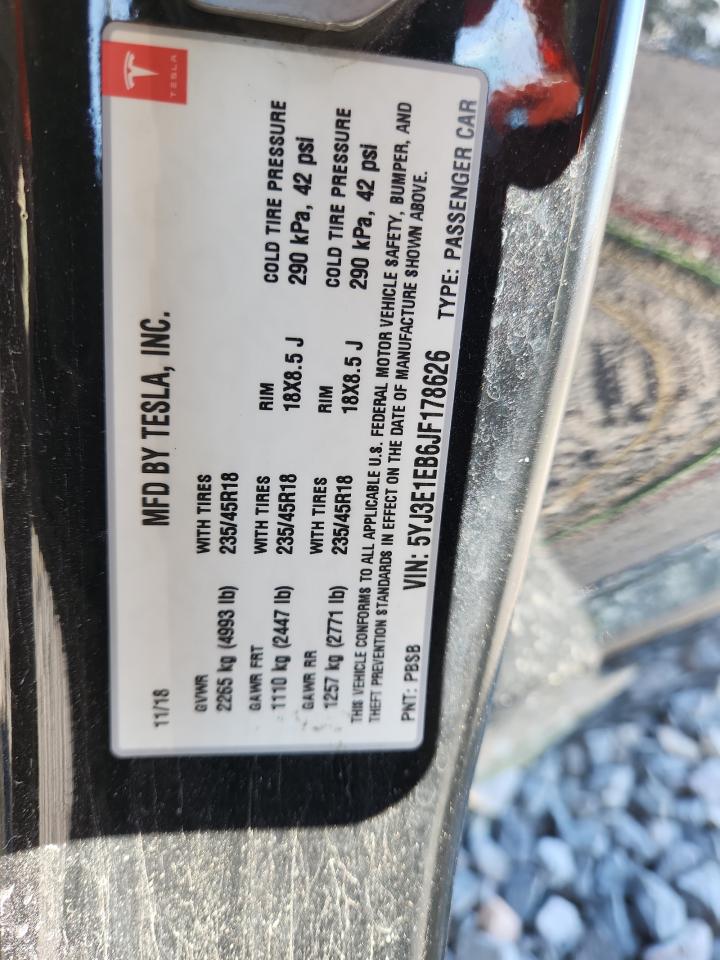 2018 Tesla Model 3 VIN: 5YJ3E1EB6JF178626 Lot: 85355975