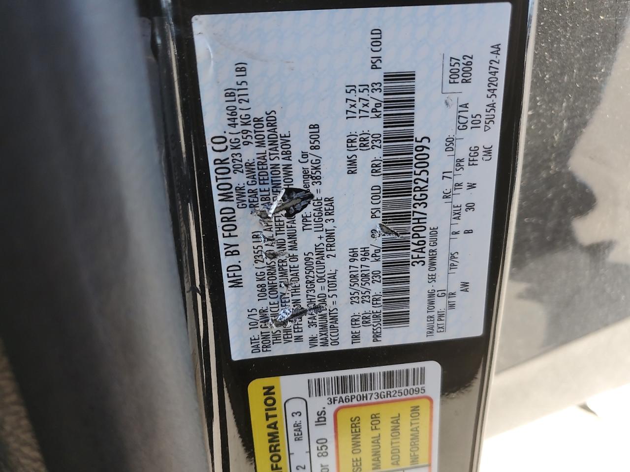 2016 Ford Fusion Se VIN: 3FA6P0H73GR250095 Lot: 85293415