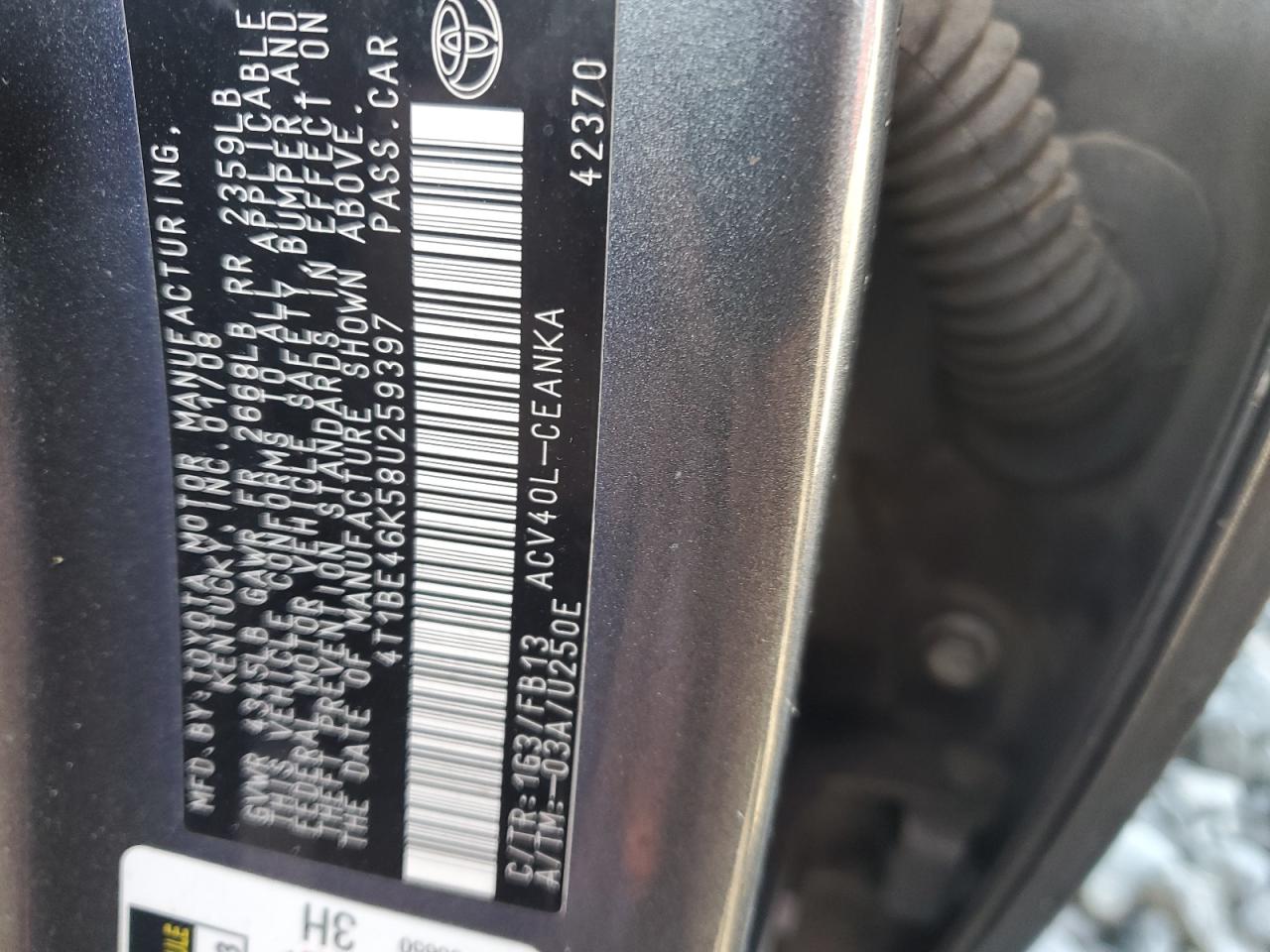 2008 Toyota Camry Ce VIN: 4T1BE46K58U259397 Lot: 82185025