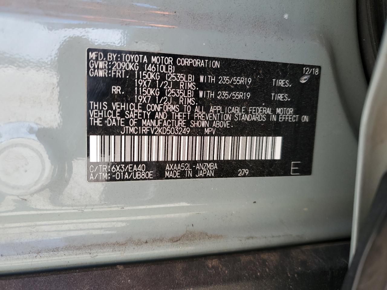 2019 Toyota Rav4 Xle Premium VIN: JTMC1RFV2KD503249 Lot: 86064035