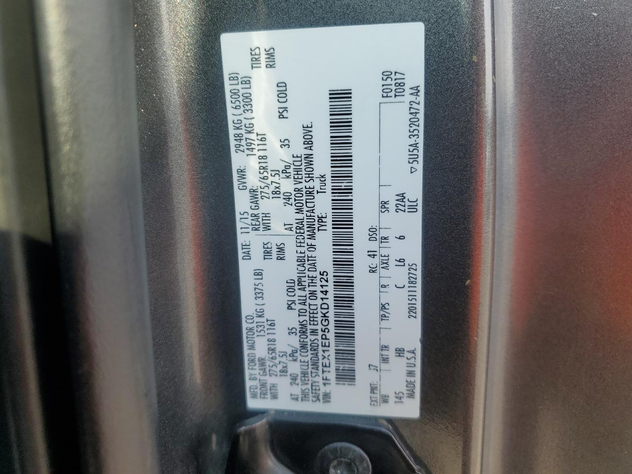 2016 Ford F150 Super Cab VIN: 1FTEX1EP5GKD14125 Lot: 86628675