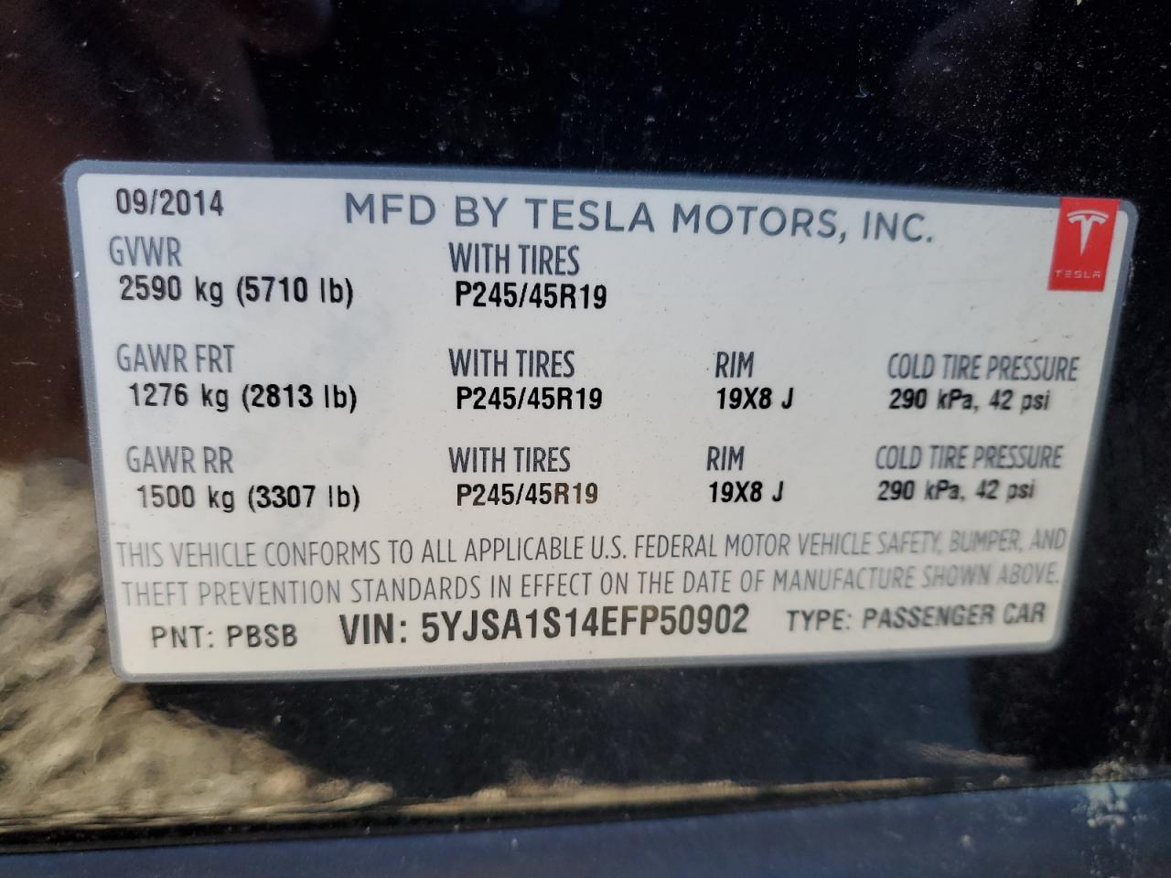 2014 Tesla Model S VIN: 5YJSA1S14EFP50902 Lot: 87029785