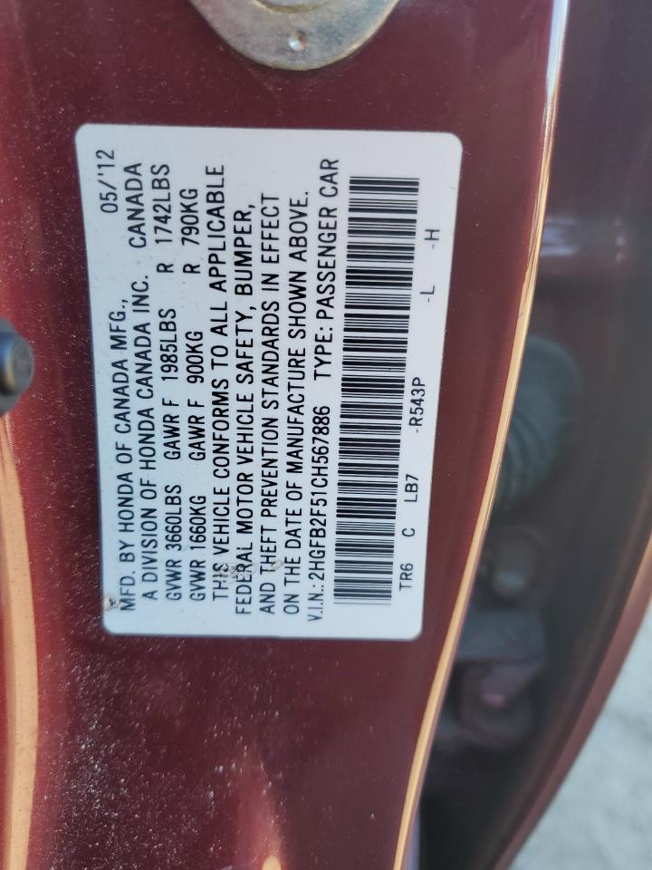 2012 Honda Civic Lx VIN: 2HGFB2F51CH567886 Lot: 82354995