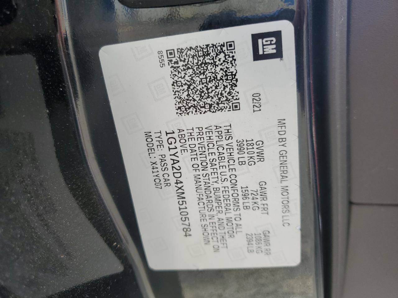 2021 Chevrolet Corvette Stingray 1Lt VIN: 1G1YA2D4XM5105784 Lot: 85166445