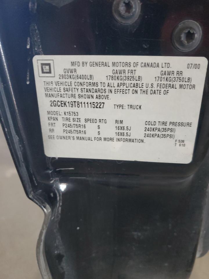 2001 Chevrolet Silverado K1500 VIN: 2GCEK19T811115227 Lot: 84865955