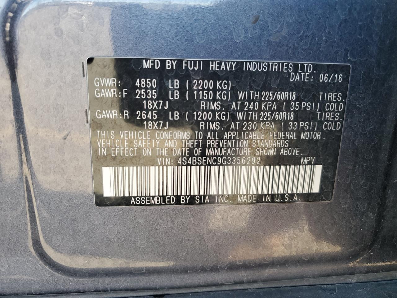 2016 Subaru Outback 3.6R Limited VIN: 4S4BSENC9G3356292 Lot: 85390225