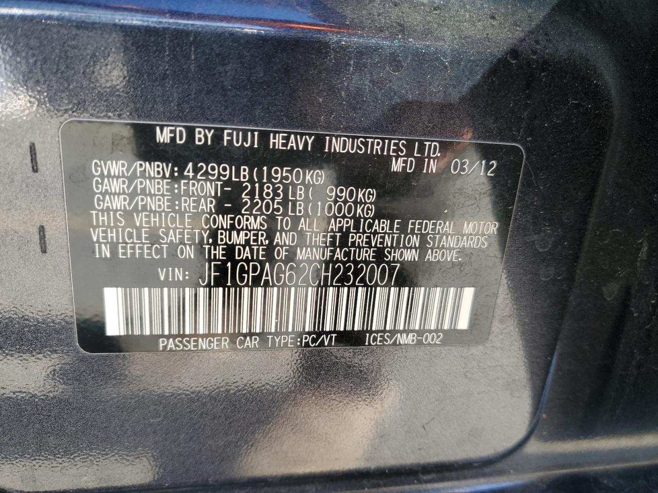 2012 Subaru Impreza Limited VIN: JF1GPAG62CH232007 Lot: 84767845