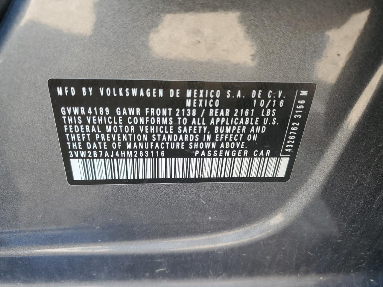 2017 Volkswagen Jetta S VIN: 3VW2B7AJ4HM263116 Lot: 84986075