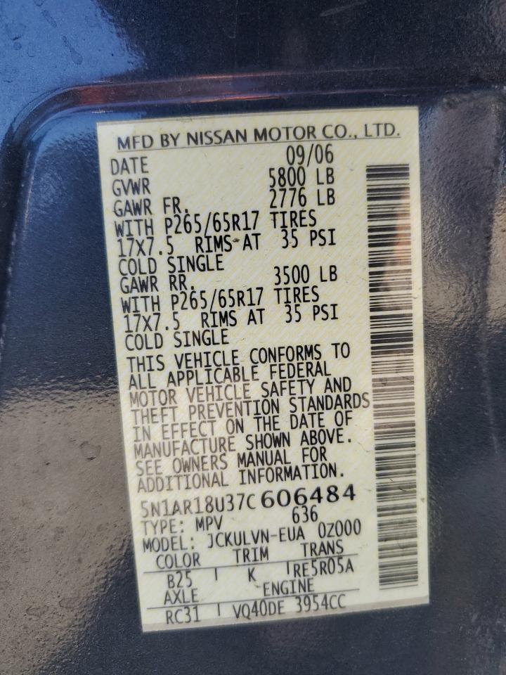 2007 Nissan Pathfinder Le VIN: 5N1AR18U37C606484 Lot: 90118245