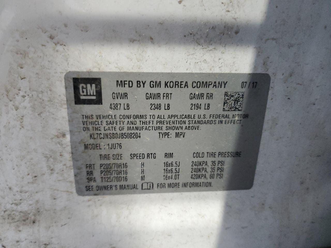 2018 Chevrolet Trax Ls VIN: KL7CJNSB0JB508204 Lot: 87185775