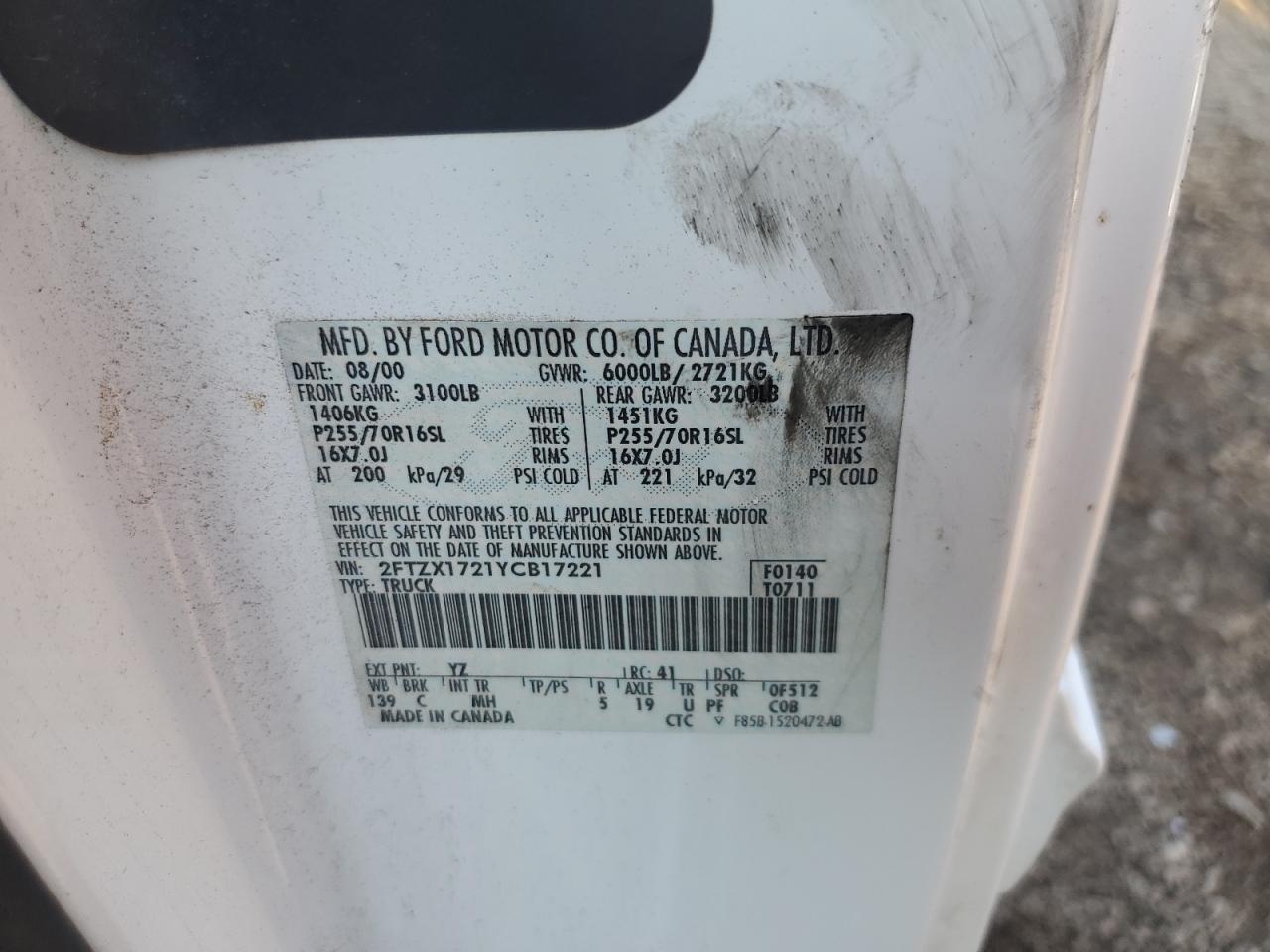 2000 Ford F150 VIN: 2FTZX1721YCB17221 Lot: 86729065