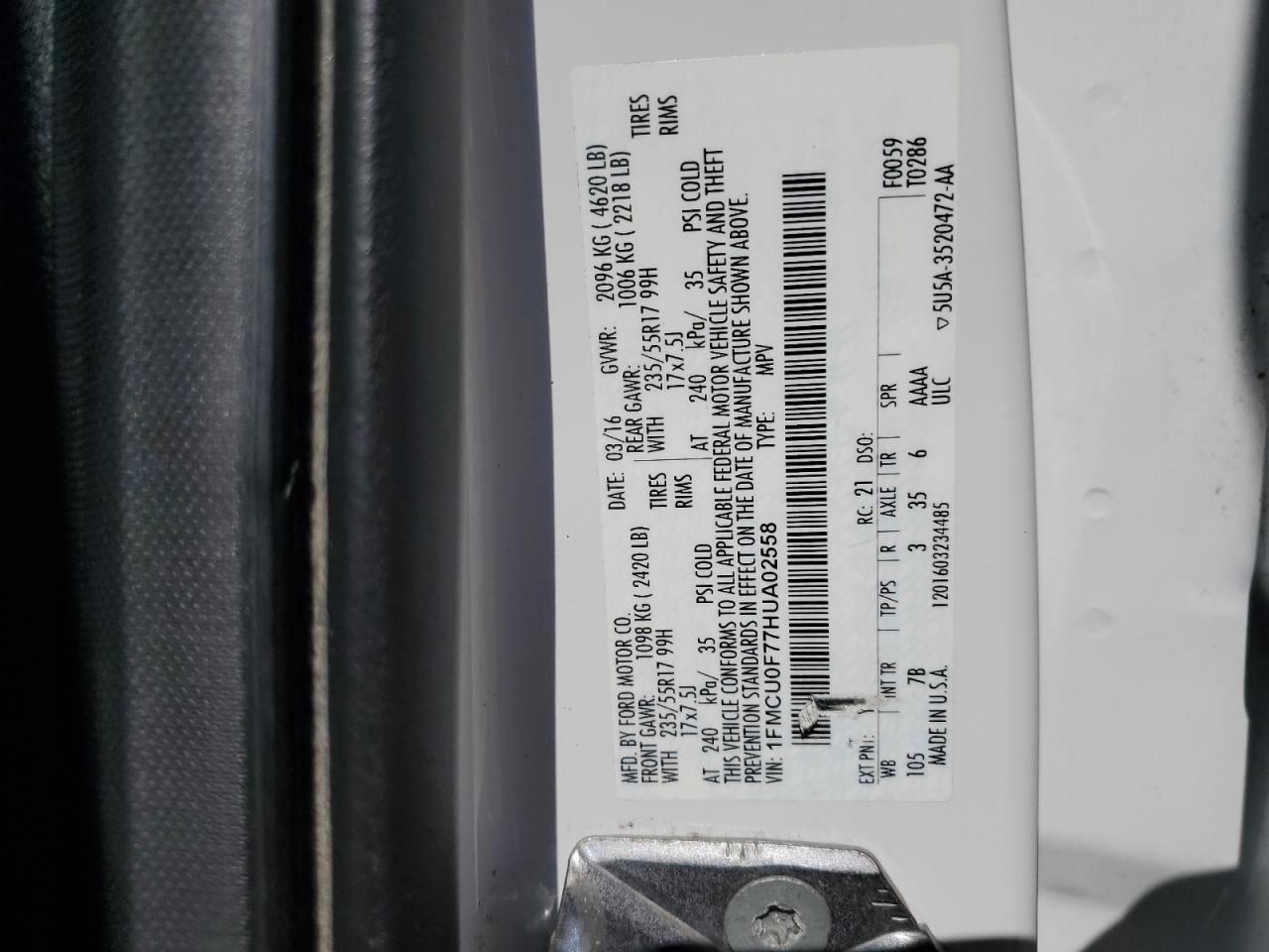 2017 Ford Escape S VIN: 1FMCU0F77HUA02558 Lot: 81988285