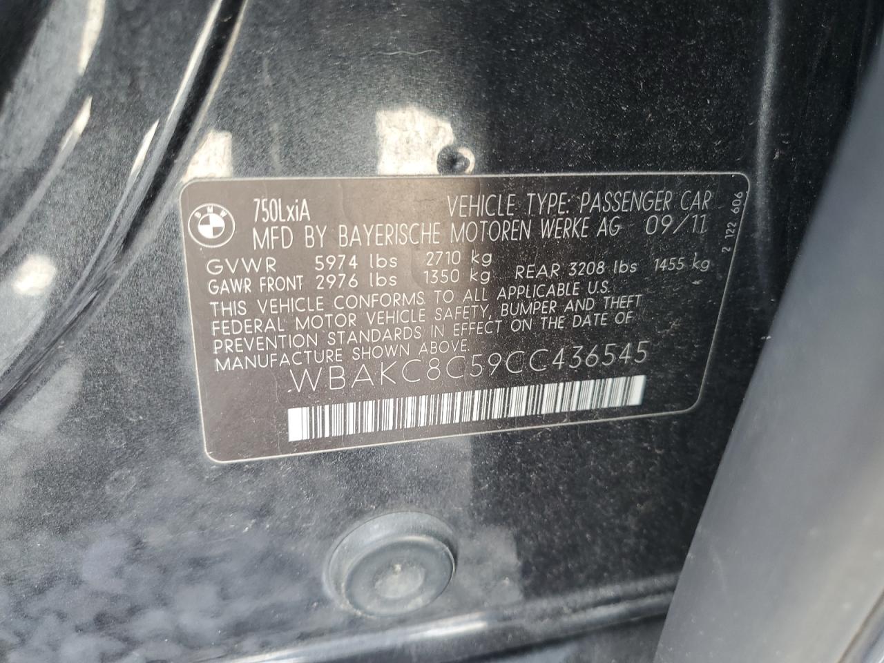 2012 BMW 750 Lxi VIN: WBAKC8C59CC436545 Lot: 85522595