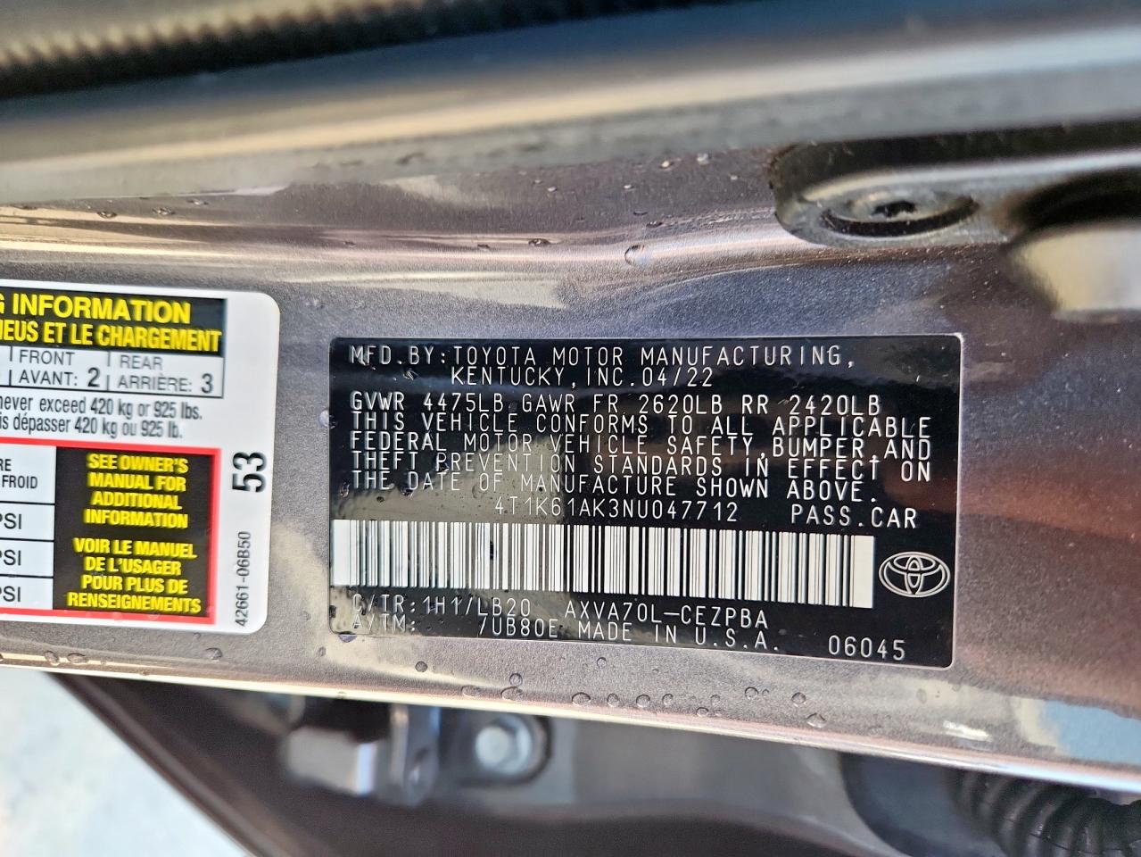 2022 Toyota Camry Xse VIN: 4T1K61AK3NU047712 Lot: 84955985