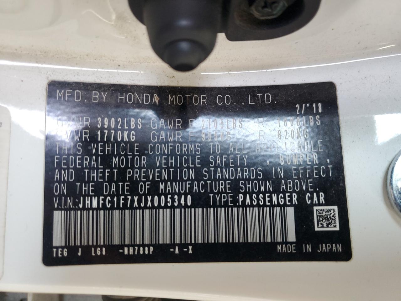 2018 Honda Civic Exl VIN: JHMFC1F7XJX005340 Lot: 86178165