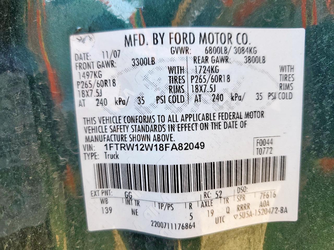 2008 Ford F150 Supercrew VIN: 1FTRW12W18FA82049 Lot: 90721955