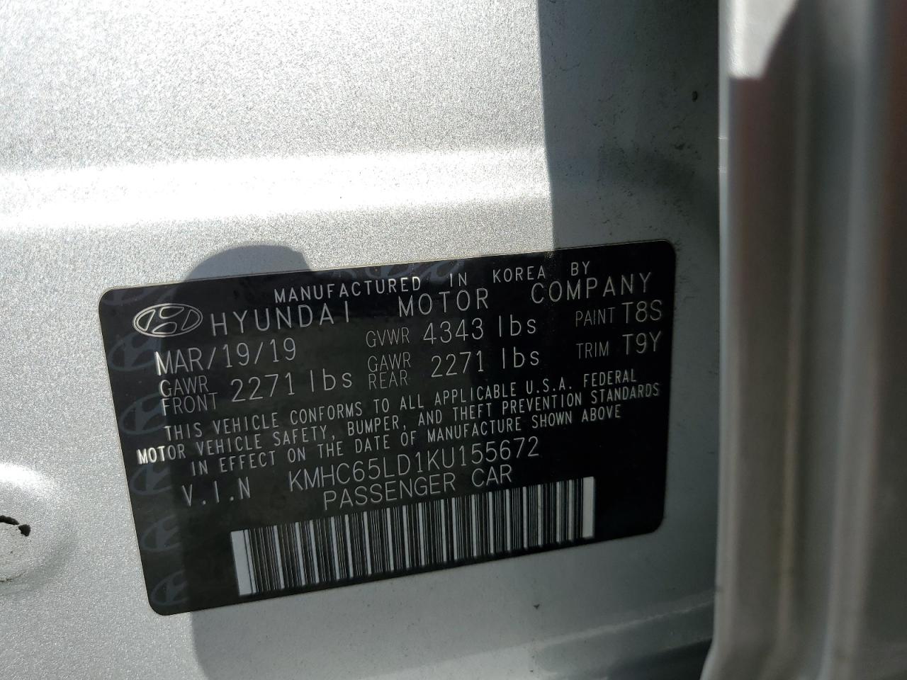 2019 Hyundai Ioniq VIN: KMHC65LD1KU155672 Lot: 84972725