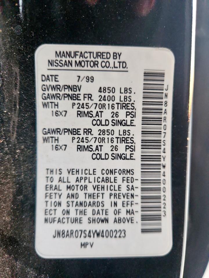 2000 Nissan Pathfinder Le VIN: JN8AR07S4YW400223 Lot: 86322255