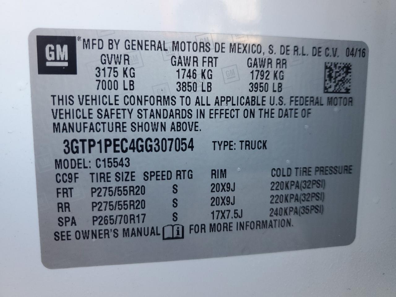 2016 GMC Sierra C1500 Denali VIN: 3GTP1PEC4GG307054 Lot: 85962135