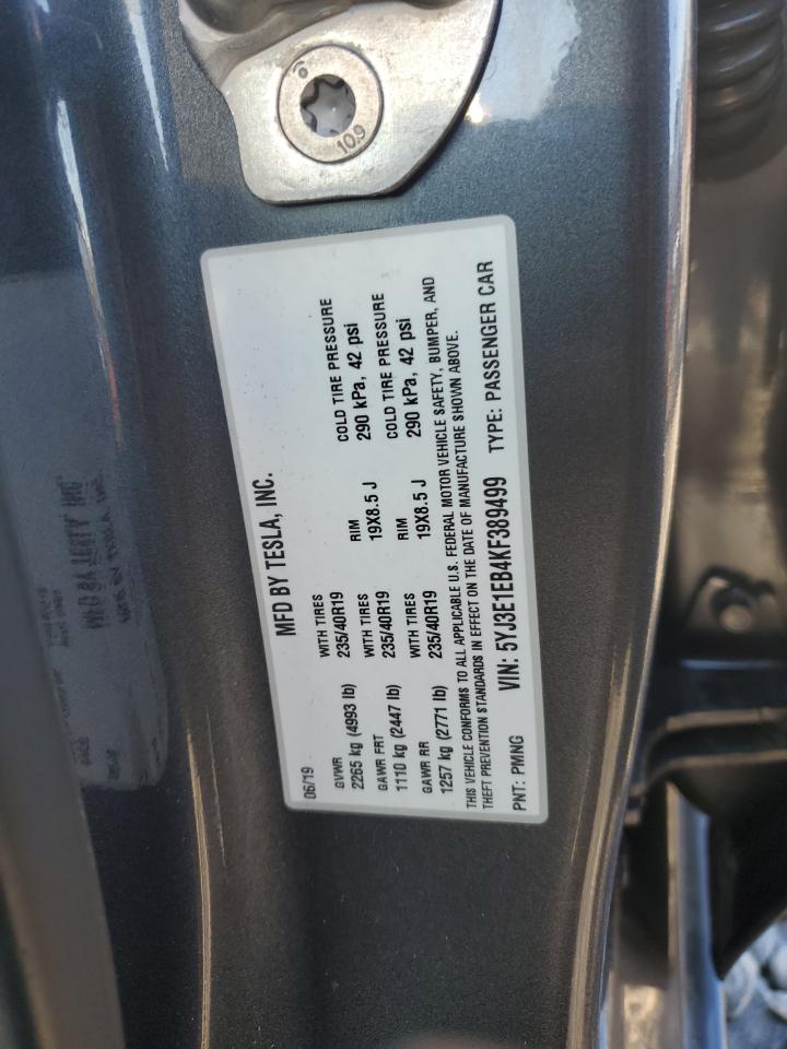 2019 Tesla Model 3 VIN: 5YJ3E1EB4KF389499 Lot: 82646635
