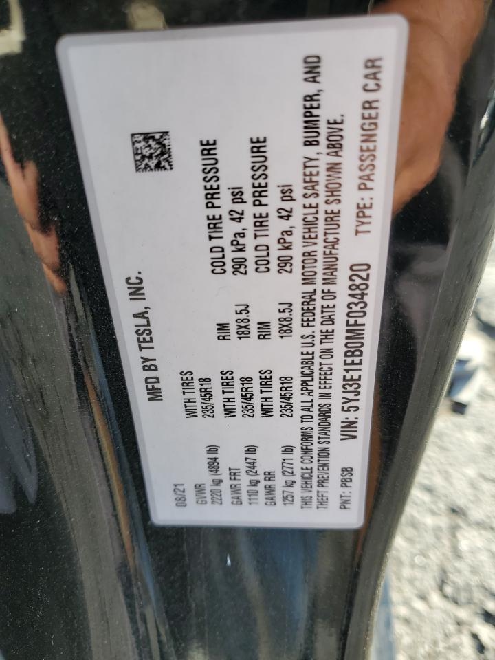 2021 Tesla Model 3 VIN: 5YJ3E1EB0MF034820 Lot: 85347595