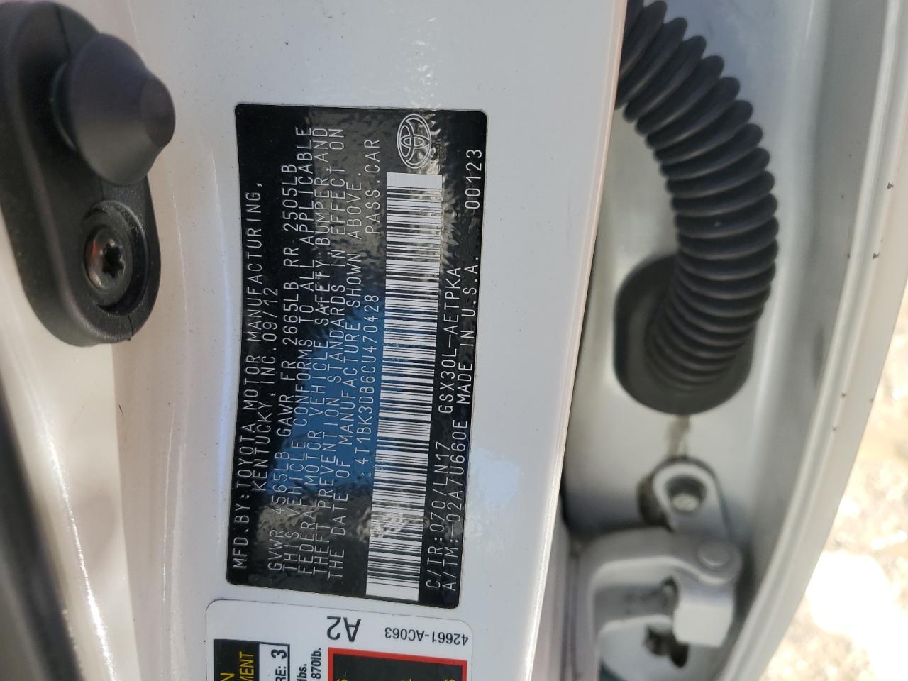 2012 Toyota Avalon Base VIN: 4T1BK3DB6CU470428 Lot: 86854845