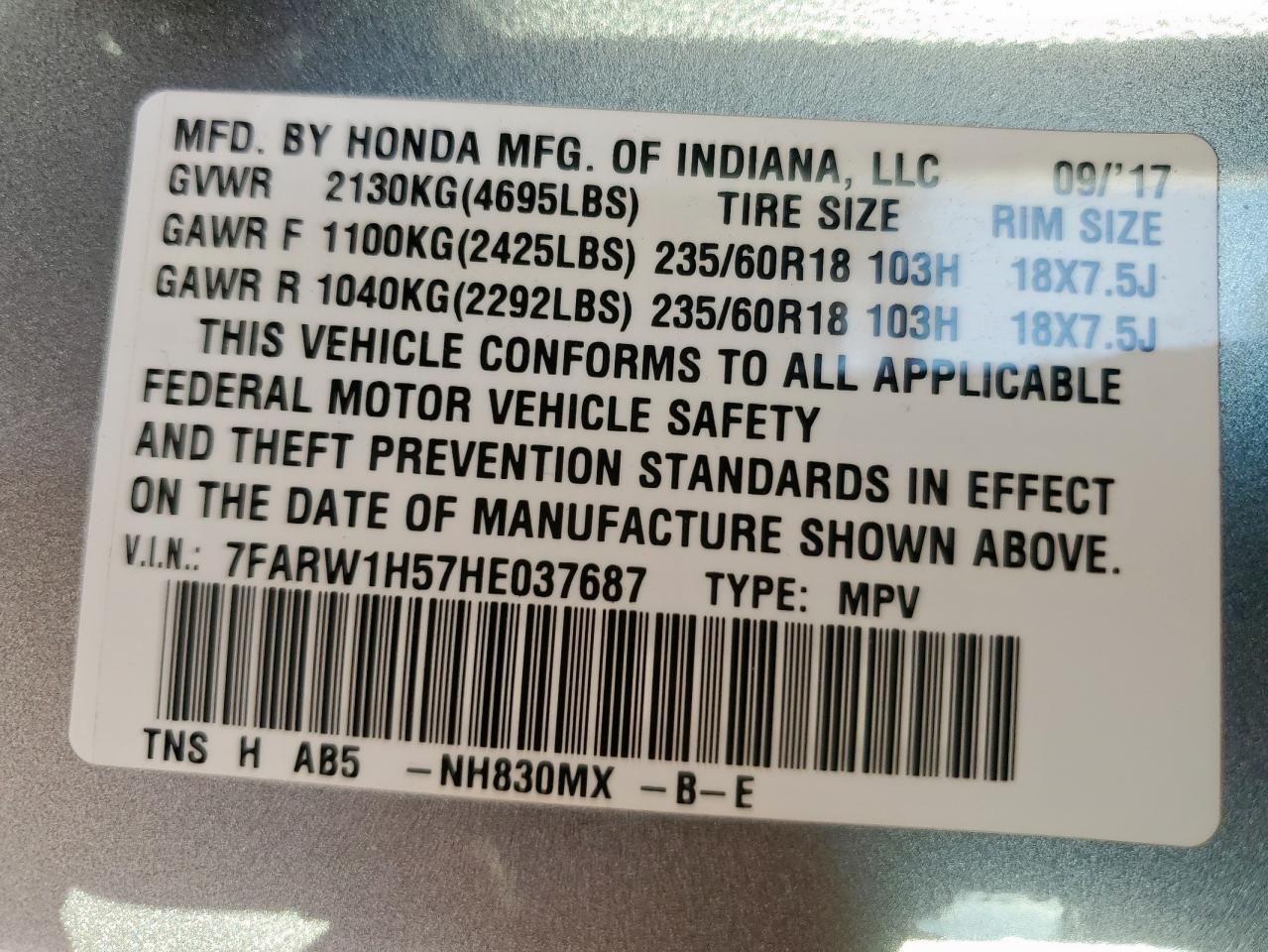 2017 Honda Cr-V Ex VIN: 7FARW1H57HE037687 Lot: 84522225