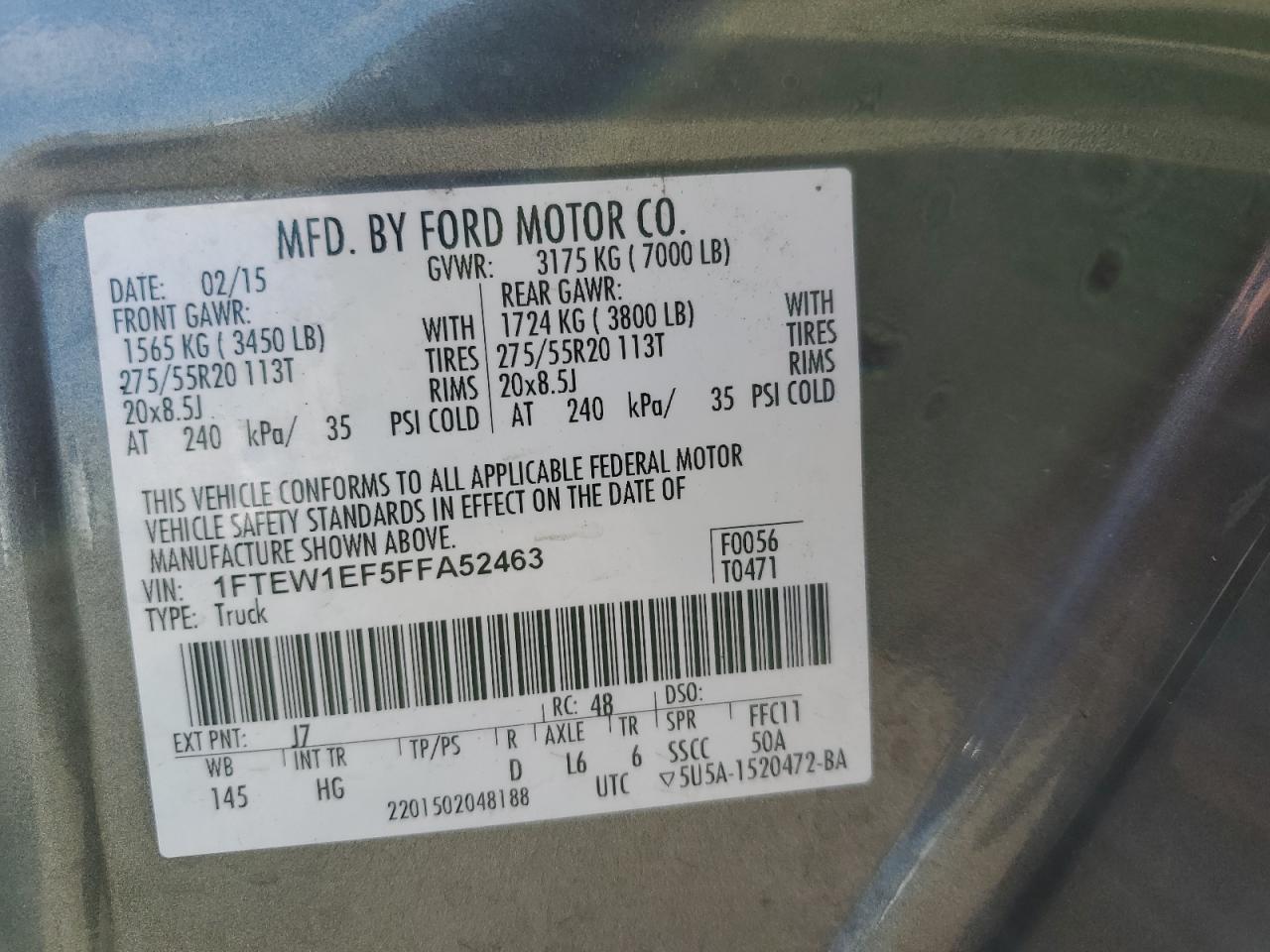 2015 Ford F150 Supercrew VIN: 1FTEW1EF5FFA52463 Lot: 82351675