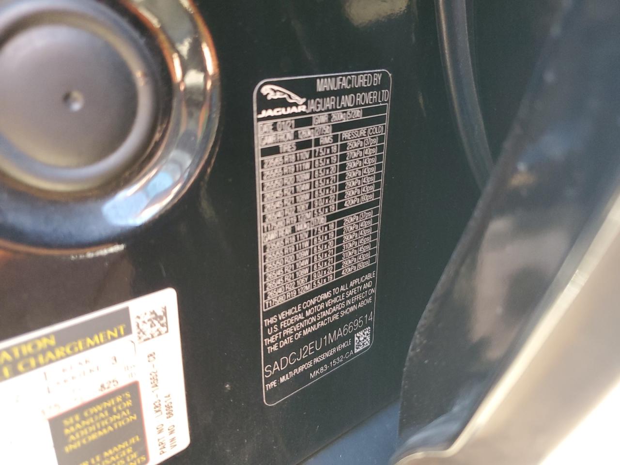 2021 Jaguar F-Pace S VIN: SADCJ2EU1MA669514 Lot: 81286715