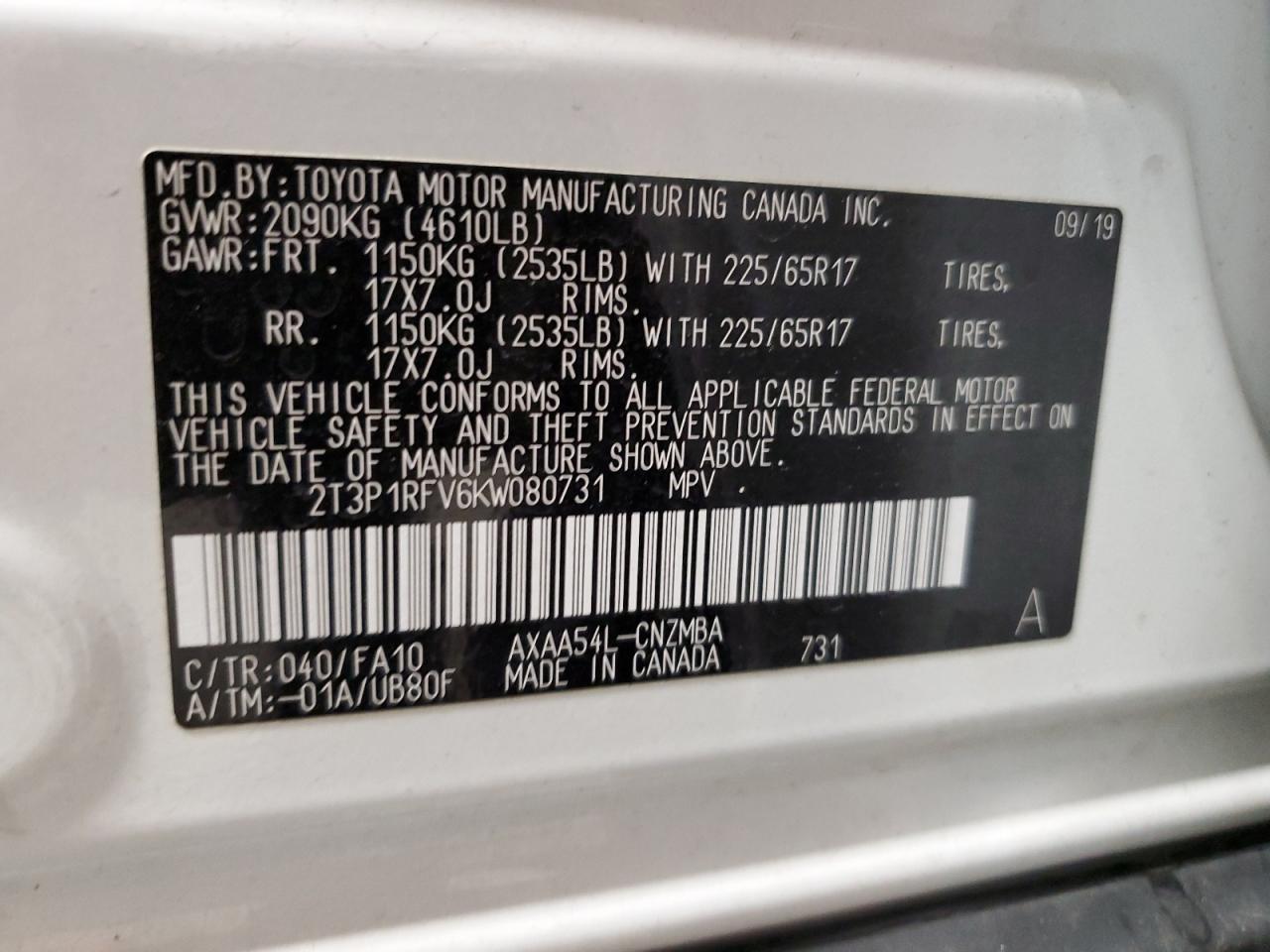 2019 Toyota Rav4 Xle VIN: 2T3P1RFV6KW080731 Lot: 85310425