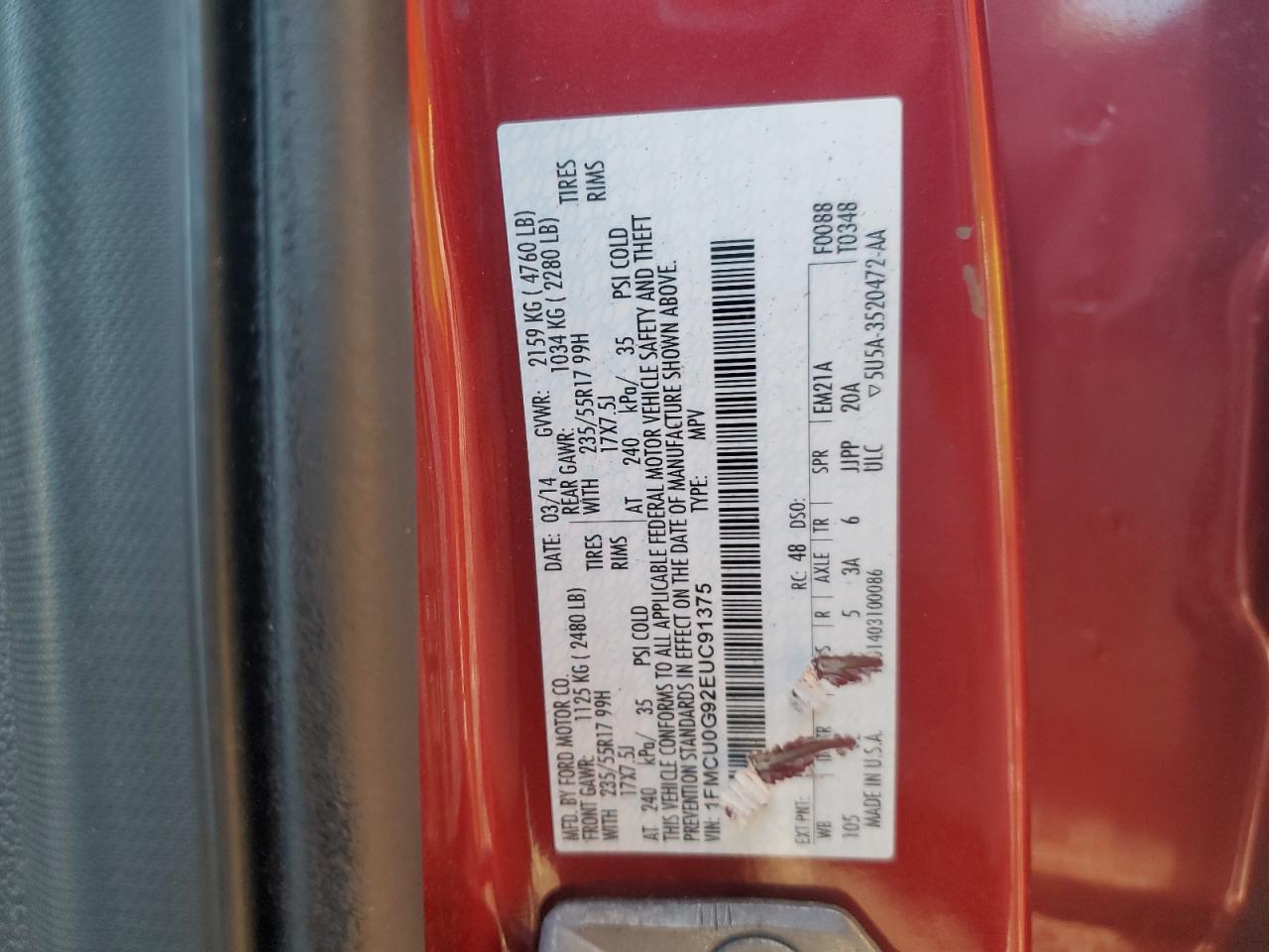 2014 Ford Escape Se VIN: 1FMCU0G92EUC91375 Lot: 82767565