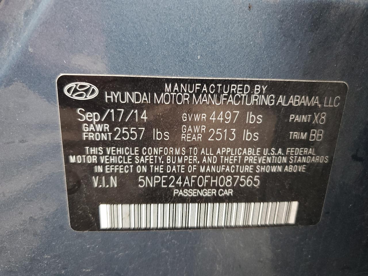 2015 Hyundai Sonata Se VIN: 5NPE24AF0FH087565 Lot: 86124145