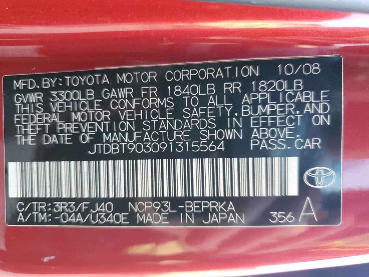 2009 Toyota Yaris VIN: JTDBT903091315564 Lot: 84480265