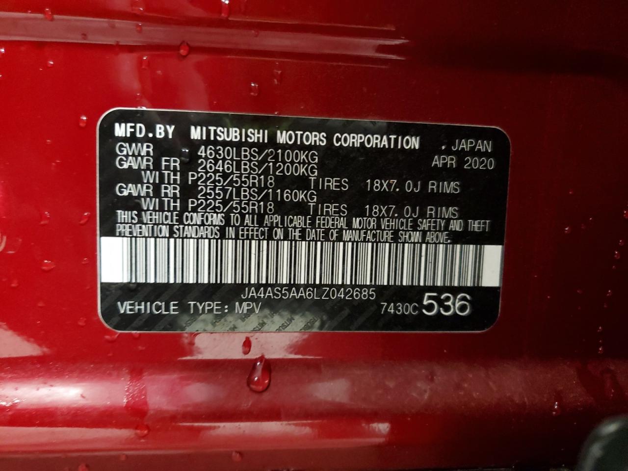 2020 Mitsubishi Eclipse Cross VIN: JA4AS5AA6LZ042685 Lot: 82774325