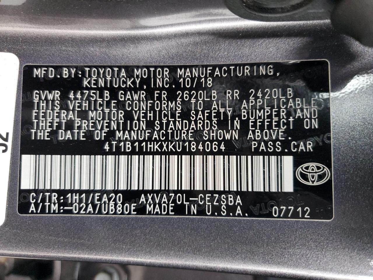 2019 Toyota Camry L VIN: 4T1B11HKXKU184064 Lot: 85776475