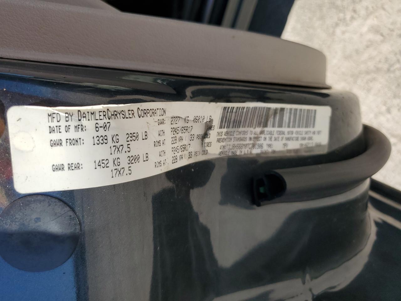 2007 Jeep Grand Cherokee Overland VIN: 1J8HS68M07C701906 Lot: 87370035