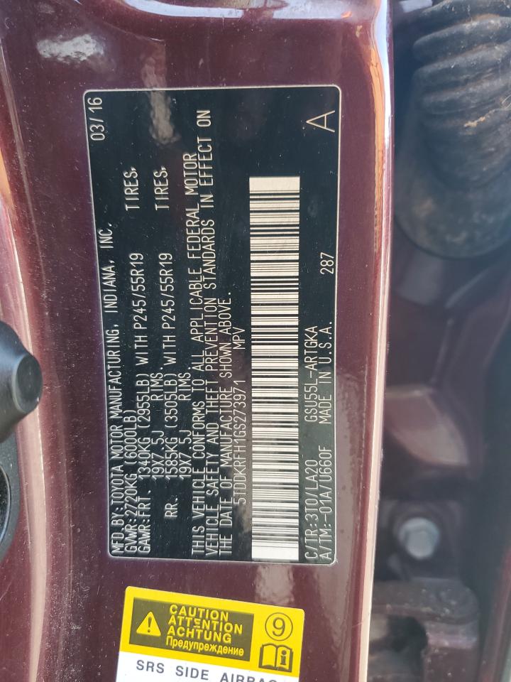 2016 Toyota Highlander Limited VIN: 5TDDKRFH1GS273971 Lot: 84883765