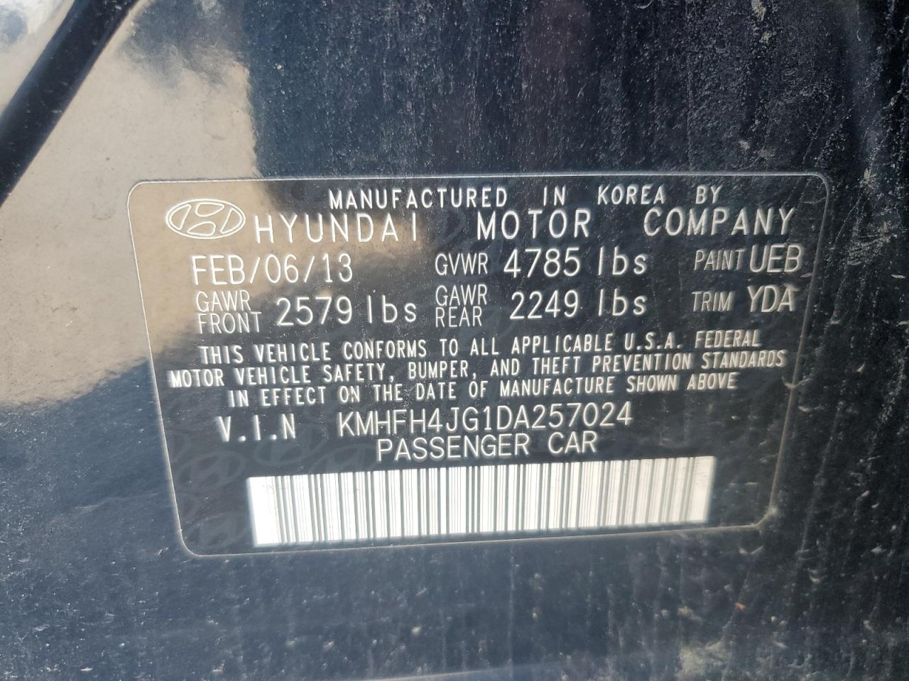 2013 Hyundai Azera Gls VIN: KMHFH4JG1DA257024 Lot: 84454665