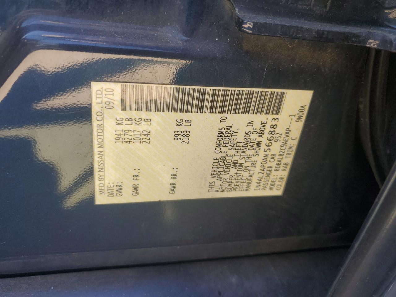 2010 Nissan Altima Base VIN: 1N4AL2AP0AN566883 Lot: 84735885