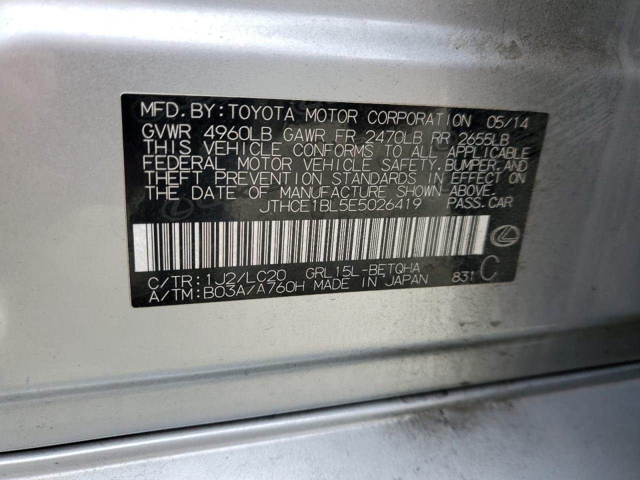 2014 Lexus Gs 350 VIN: JTHCE1BL5E5026419 Lot: 86115205