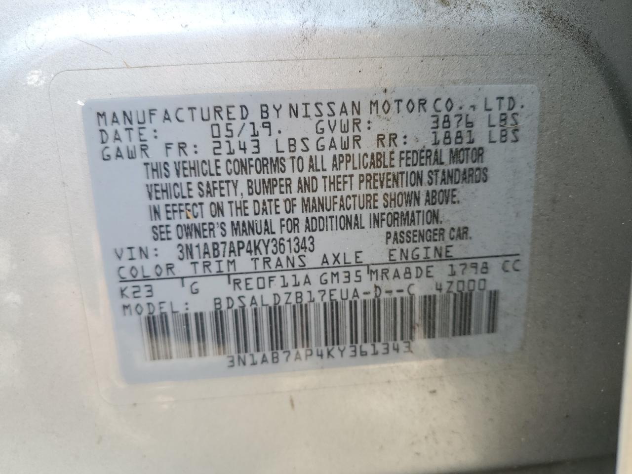2019 Nissan Sentra S VIN: 3N1AB7AP4KY361343 Lot: 86446605