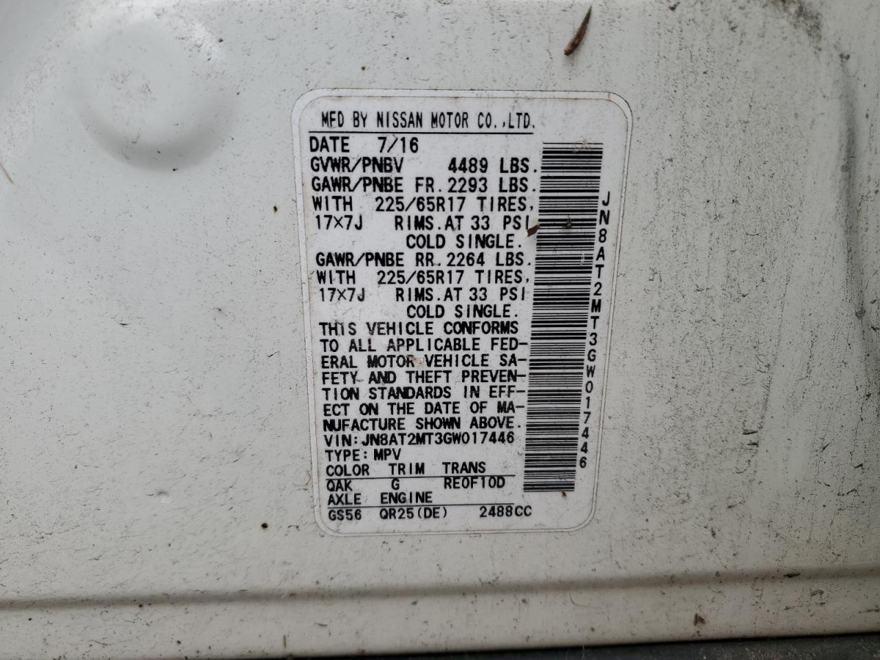 2016 Nissan Rogue S VIN: JN8AT2MT3GW017446 Lot: 83837765