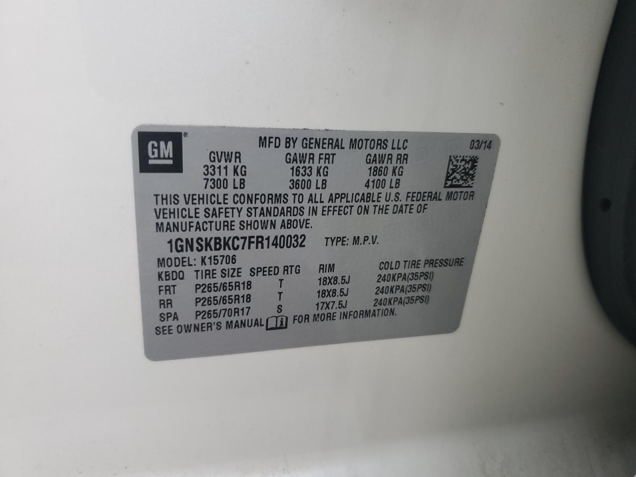 2015 Chevrolet Tahoe K1500 Lt VIN: 1GNSKBKC7FR140032 Lot: 86705035