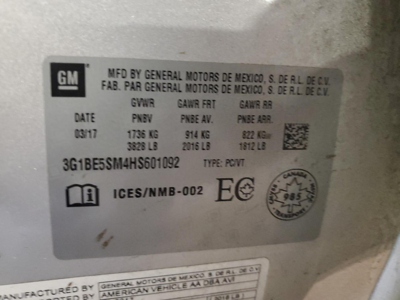 2017 Chevrolet Cruze Lt VIN: 3G1BE5SM4HS601092 Lot: 85487005