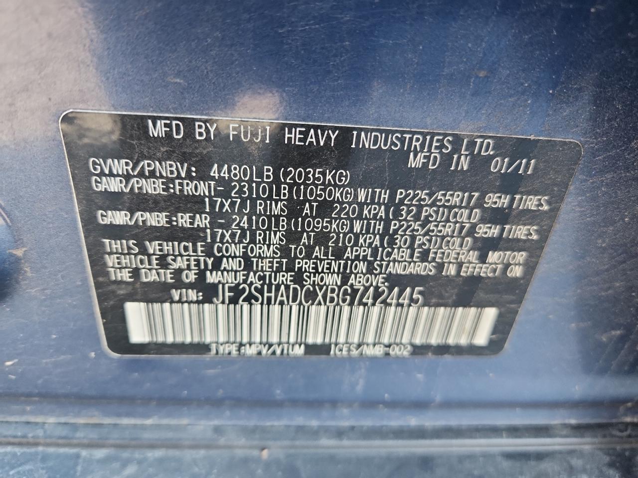 2011 Subaru Forester 2.5X Premium VIN: JF2SHADCXBG742445 Lot: 85519775