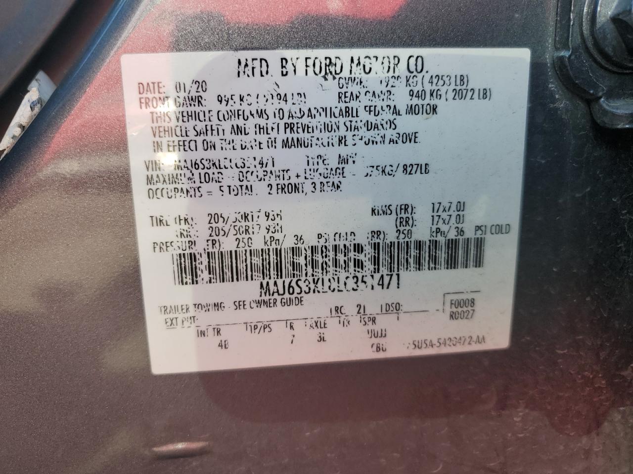 2020 Ford Ecosport Titanium VIN: MAJ6S3KL8LC351471 Lot: 89562715