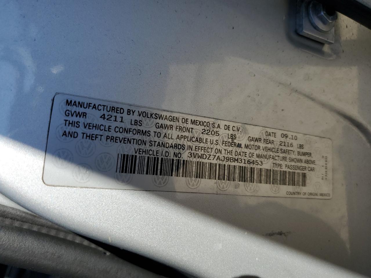 2011 Volkswagen Jetta Se VIN: 3VWDZ7AJ9BM316453 Lot: 84958345