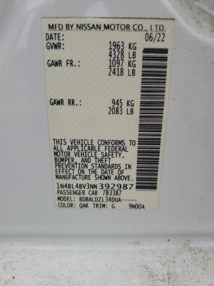 2022 Nissan Altima S VIN: 1N4BL4BV3NN392987 Lot: 82187625